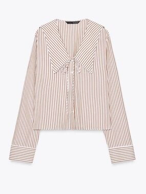 Zara Striped Peter Pan Collar Blouse in Beige & White SZ M